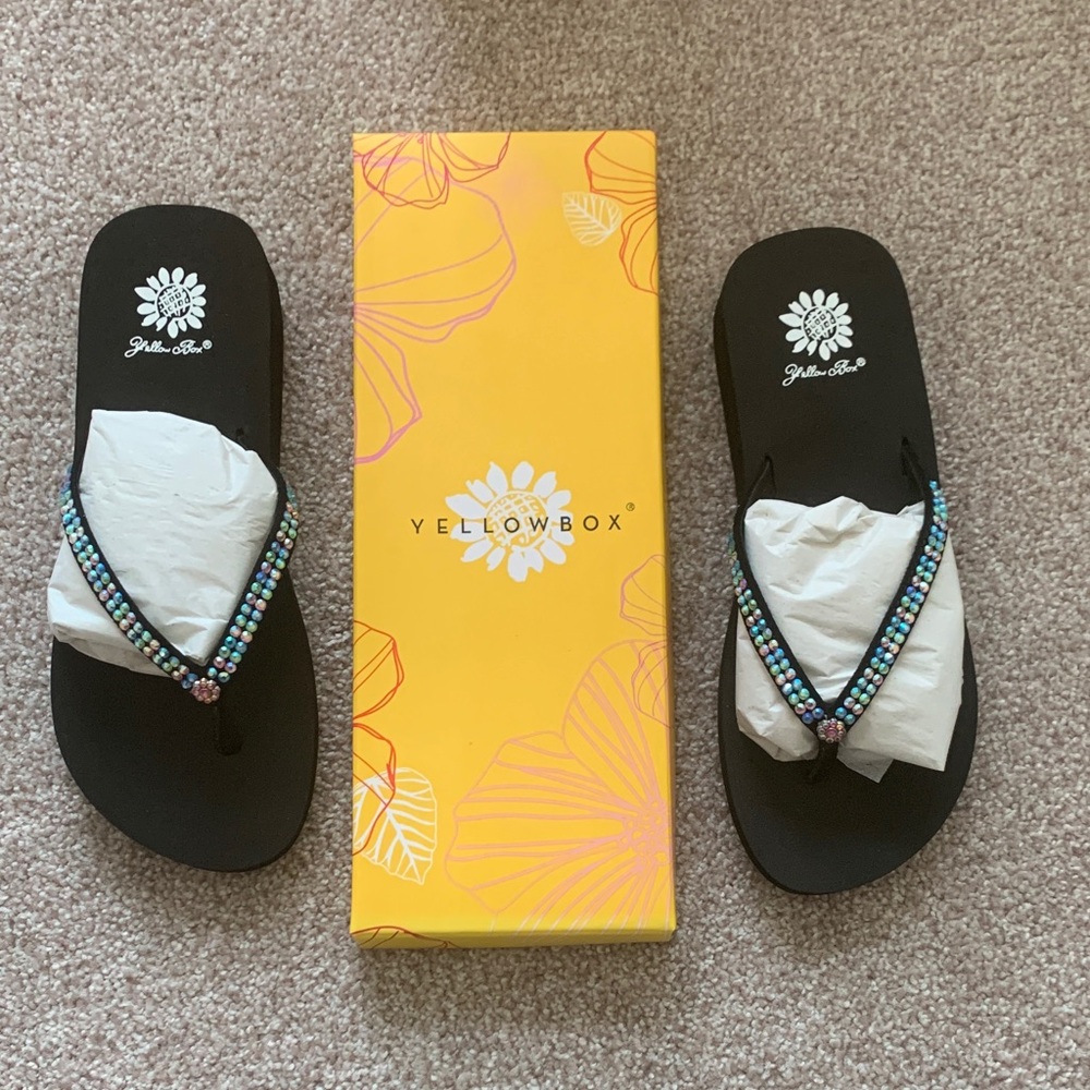Yellow Box Black Sandals with Multicolor Beads